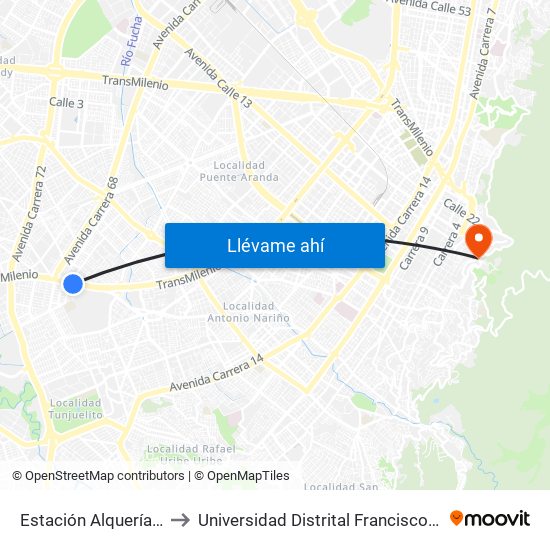 Estación Alquería (Auto Sur - Kr 51) to Universidad Distrital Francisco José De Caldas - Sede Vivero map