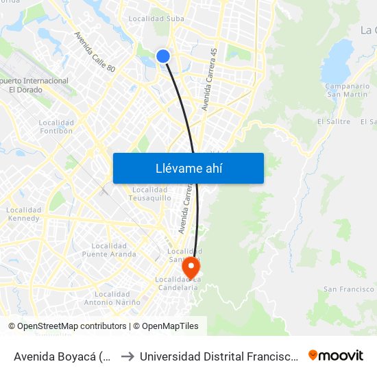 Avenida Boyacá (Ac 127 - Av. Boyacá) to Universidad Distrital Francisco José De Caldas - Sede Vivero map