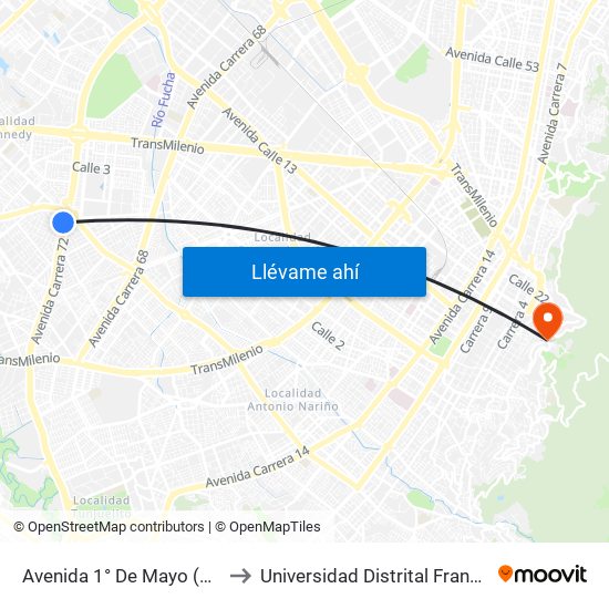 Avenida 1° De Mayo (Av. Boyacá - Av. 1 De Mayo) (A) to Universidad Distrital Francisco José De Caldas - Sede Vivero map