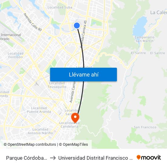 Parque Córdoba (Ac 127 - Kr 54) to Universidad Distrital Francisco José De Caldas - Sede Vivero map
