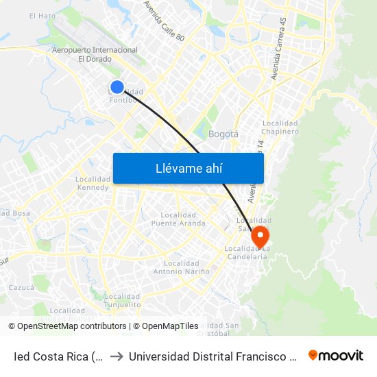 Ied Costa Rica (Kr 100 - Cl 23b) to Universidad Distrital Francisco José De Caldas - Sede Vivero map