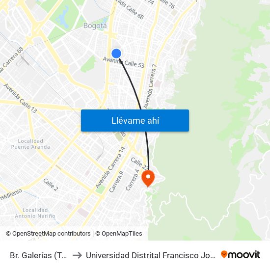 Br. Galerías (Tv 24 - Cl 53b) to Universidad Distrital Francisco José De Caldas - Sede Vivero map
