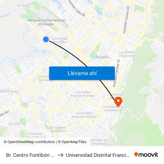 Br. Centro Fontibón Kr 104b (Cl 17 - Kr 104b) to Universidad Distrital Francisco José De Caldas - Sede Vivero map