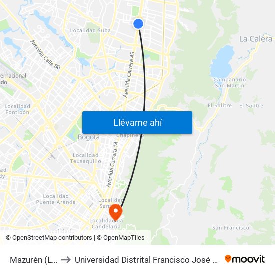 Mazurén (Lado Sur) to Universidad Distrital Francisco José De Caldas - Sede Vivero map