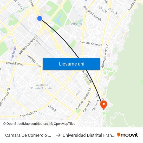 Cámara De Comercio De Bogotá - Salitre (Ac 26 - Kr 69) to Universidad Distrital Francisco José De Caldas - Sede Vivero map