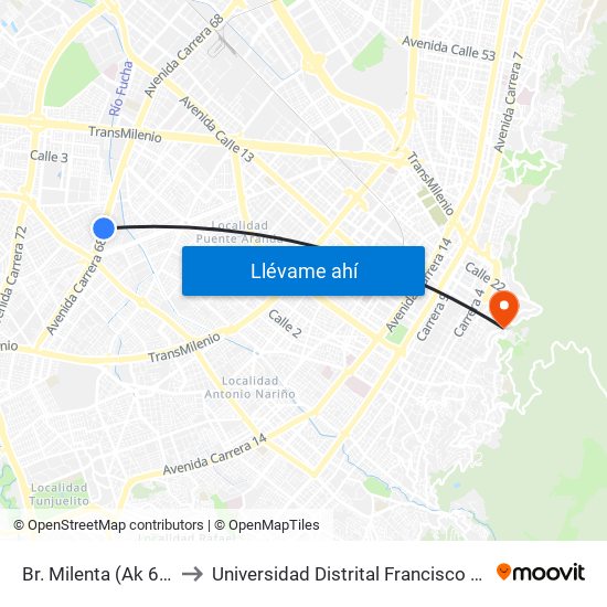 Br. Milenta (Ak 68 - Cl 15 Sur) (A) to Universidad Distrital Francisco José De Caldas - Sede Vivero map