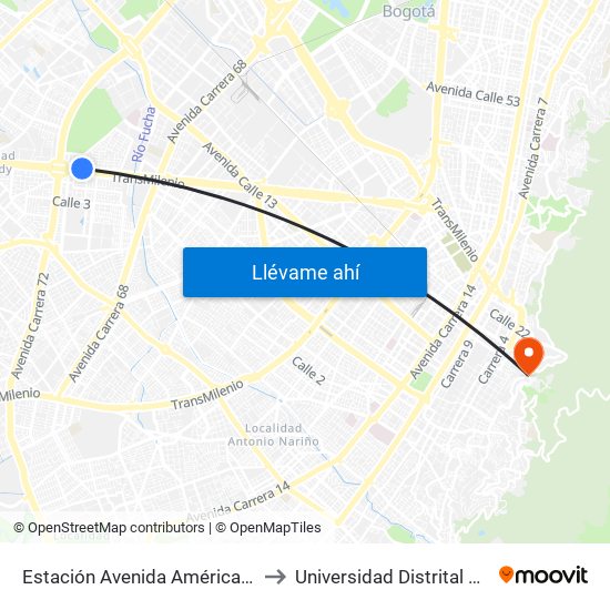Estación Avenida Américas - Avenida Boyacá (Av. Américas - Kr 71b Bis) to Universidad Distrital Francisco José De Caldas - Sede Vivero map