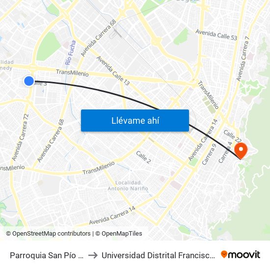 Parroquia San Pío X (Ac 3 - Av. Boyacá) to Universidad Distrital Francisco José De Caldas - Sede Vivero map