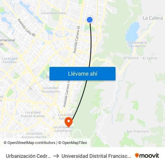 Urbanización Cedritos (Cl 140 - Kr 13) to Universidad Distrital Francisco José De Caldas - Sede Vivero map