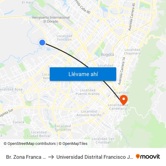Br. Zona Franca (Kr 106 - Cl 14) to Universidad Distrital Francisco José De Caldas - Sede Vivero map