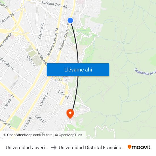 Universidad Javeriana (Ak 7 - Cl 40) (A) to Universidad Distrital Francisco José De Caldas - Sede Vivero map