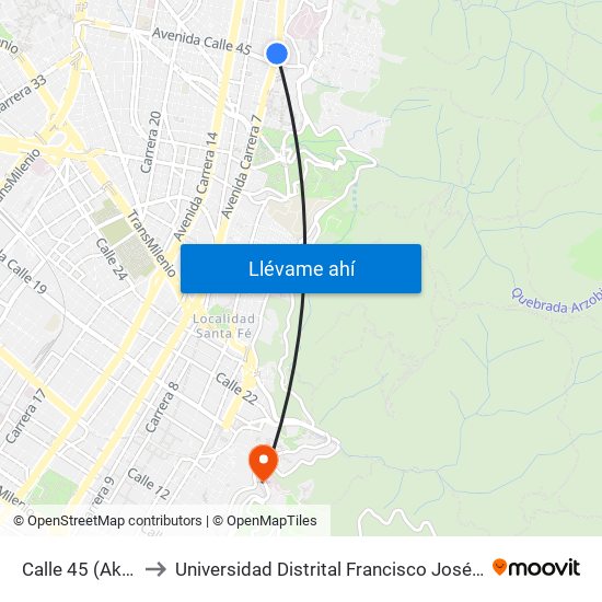 Calle 45 (Ak 7 - Ac 45) to Universidad Distrital Francisco José De Caldas - Sede Vivero map