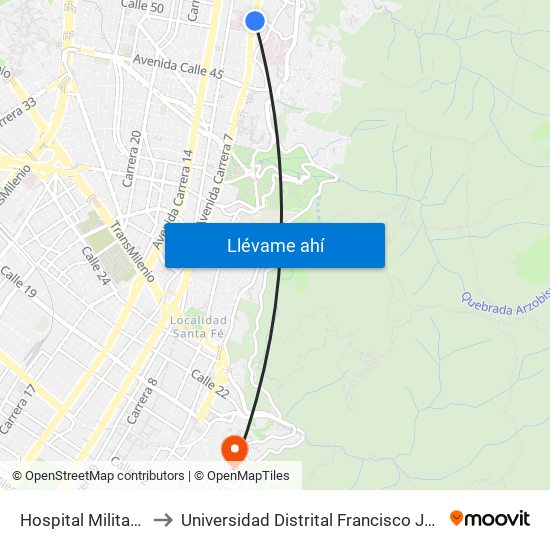 Hospital Militar (Ak 7 - Cl 50) to Universidad Distrital Francisco José De Caldas - Sede Vivero map