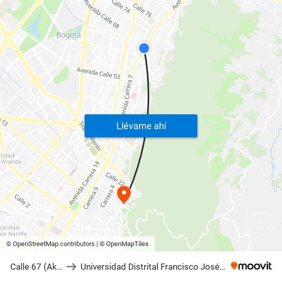Calle 67 (Ak 7 - Cl 66) to Universidad Distrital Francisco José De Caldas - Sede Vivero map