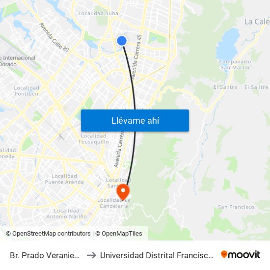 Br. Prado Veraniego (Ac 127 - Kr 56b) to Universidad Distrital Francisco José De Caldas - Sede Vivero map