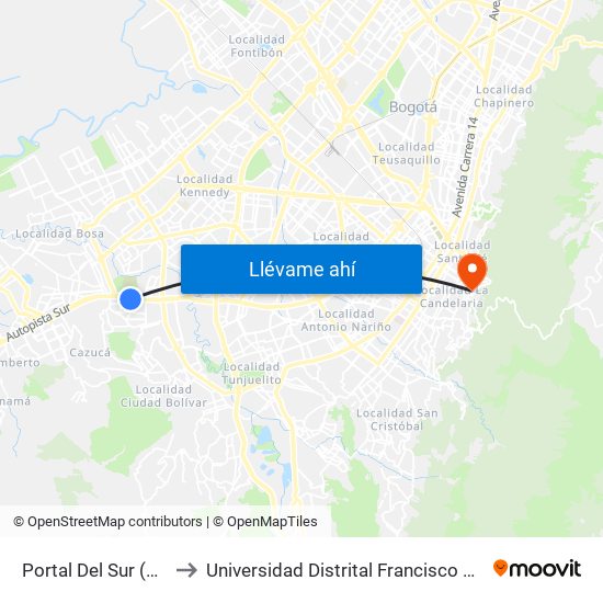 Portal Del Sur (Auto Sur - Kr 74) to Universidad Distrital Francisco José De Caldas - Sede Vivero map