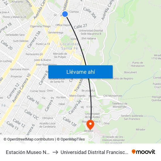 Estación Museo Nacional (Ak 7 - Cl 29) to Universidad Distrital Francisco José De Caldas - Sede Vivero map