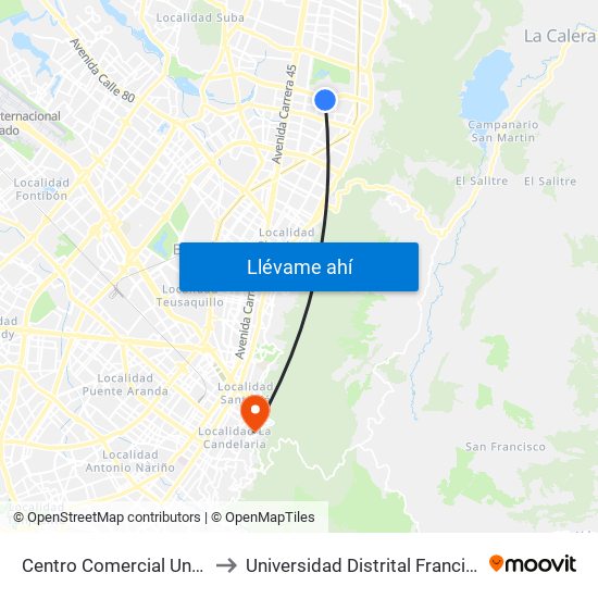 Centro Comercial Unicentro (Ak 15 - Cl 124) (B) to Universidad Distrital Francisco José De Caldas - Sede Vivero map