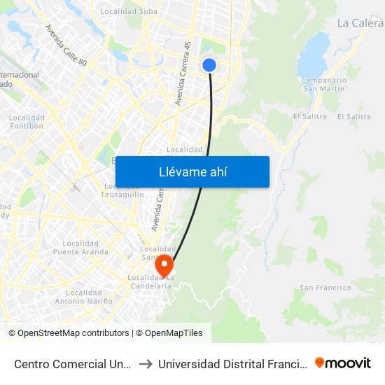 Centro Comercial Unicentro (Ak 15 - Cl 124) (A) to Universidad Distrital Francisco José De Caldas - Sede Vivero map