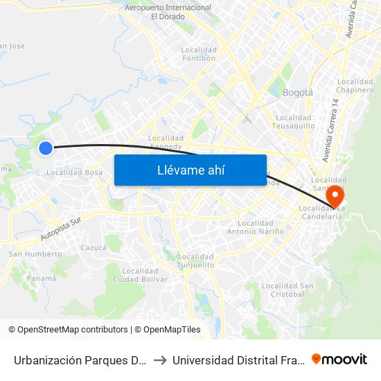 Urbanización Parques De Bogotá - Caoba (Kr 95a - Cl 76 Sur) to Universidad Distrital Francisco José De Caldas - Sede Vivero map