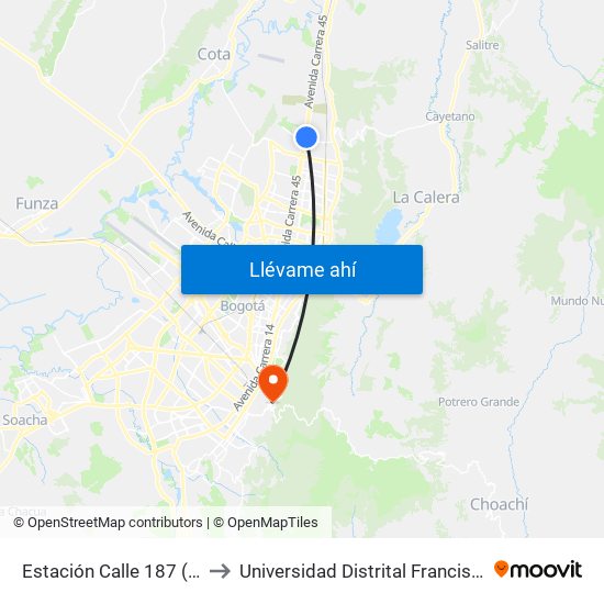 Estación Calle 187 (Auto Norte - Cl 187) (B) to Universidad Distrital Francisco José De Caldas - Sede Vivero map