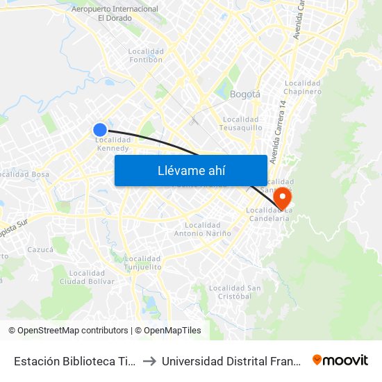 Estación Biblioteca Tintal (Av. Américas - Kr 82) (A) to Universidad Distrital Francisco José De Caldas - Sede Vivero map