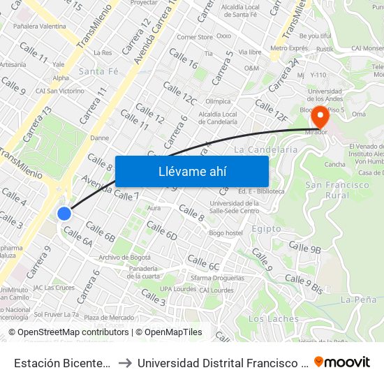 Estación Bicentenario (Kr 9 - Cl 6a) to Universidad Distrital Francisco José De Caldas - Sede Vivero map