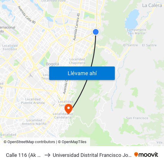 Calle 116 (Ak 7 - Cl 116) (A) to Universidad Distrital Francisco José De Caldas - Sede Vivero map