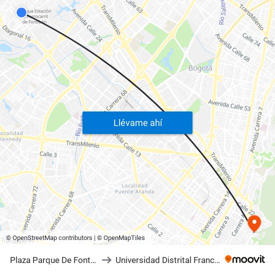 Plaza Parque De Fontibón Kr 100 (Kr 100 - Cl 17a) to Universidad Distrital Francisco José De Caldas - Sede Vivero map