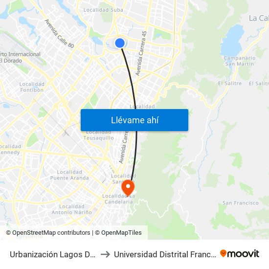 Urbanización Lagos De Córdoba (Av. Suba - Cl 120) to Universidad Distrital Francisco José De Caldas - Sede Vivero map