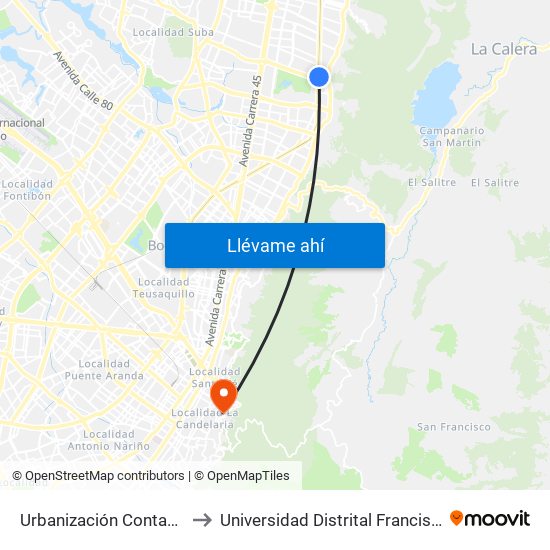 Urbanización Contador Norte (Ak 9 - Ac 134) to Universidad Distrital Francisco José De Caldas - Sede Vivero map