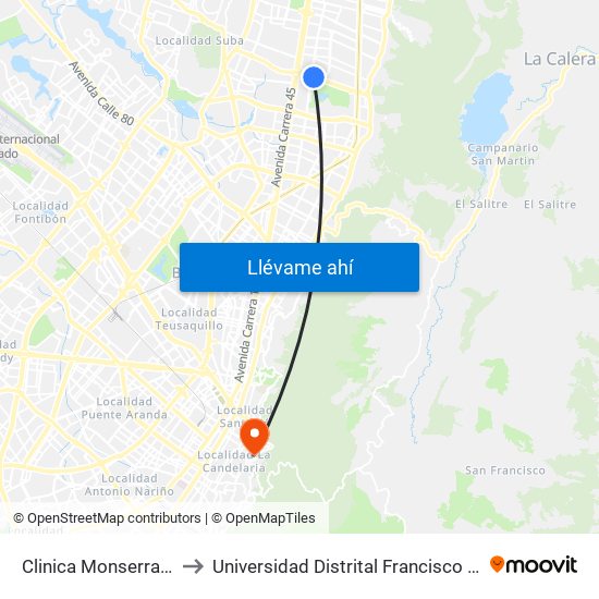 Clinica Monserrat (Ac 134 - Kr 17) to Universidad Distrital Francisco José De Caldas - Sede Vivero map