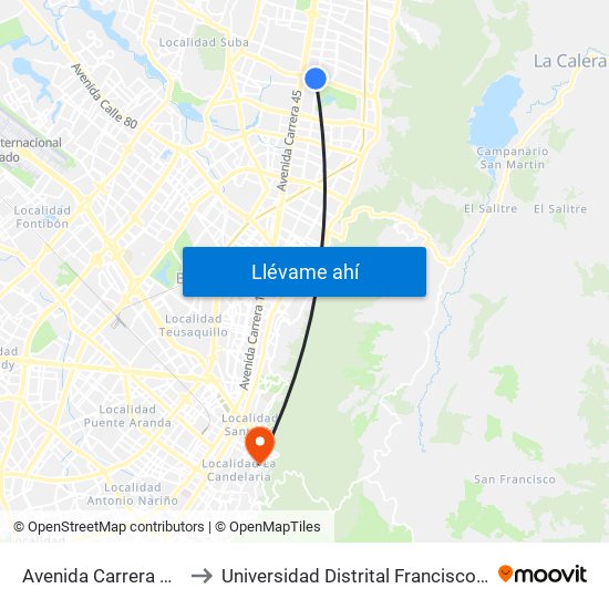 Avenida Carrera 19 (Ac 134 - Ak 19) to Universidad Distrital Francisco José De Caldas - Sede Vivero map