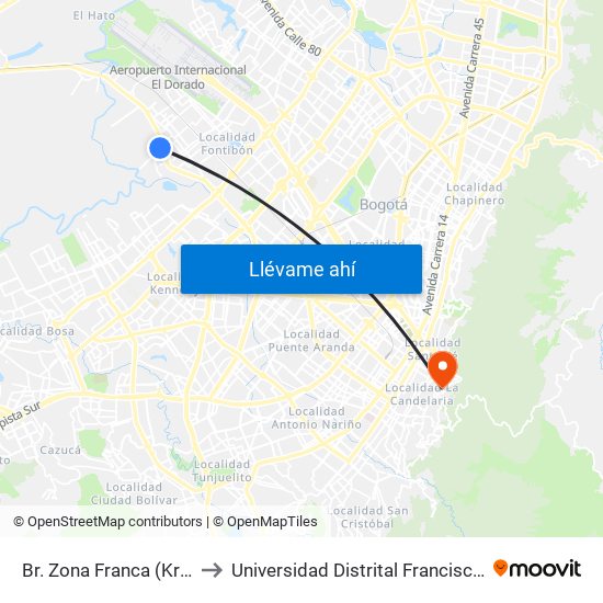 Br. Zona Franca (Kr 106 - Av. Centenario) to Universidad Distrital Francisco José De Caldas - Sede Vivero map