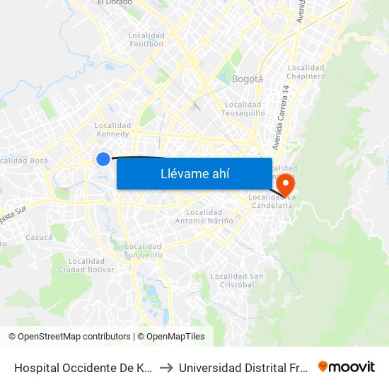 Hospital Occidente De Kennedy (Av. 1 De Mayo - Cl 40b Sur) (B) to Universidad Distrital Francisco José De Caldas - Sede Vivero map