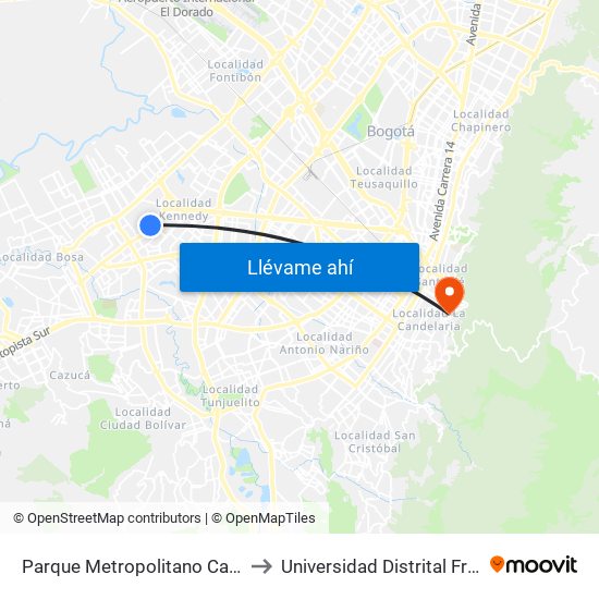 Parque Metropolitano Cayetano Cañizares (Av. A. Mejía - Cl 38 Sur) to Universidad Distrital Francisco José De Caldas - Sede Vivero map