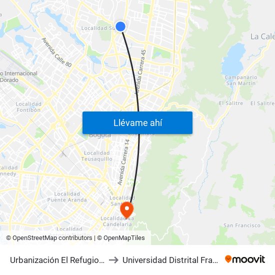 Urbanización El Refugio De La Colina (Ac 138 - Av. Boyacá) to Universidad Distrital Francisco José De Caldas - Sede Vivero map