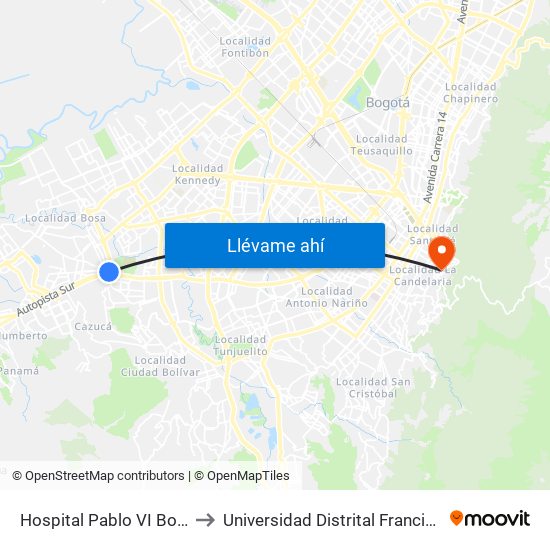 Hospital Pablo VI Bosa (Cl 63 Sur - Kr 77g) (A) to Universidad Distrital Francisco José De Caldas - Sede Vivero map