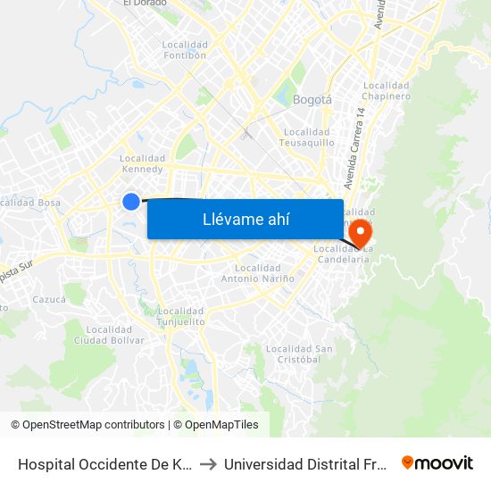 Hospital Occidente De Kennedy (Av. 1 De Mayo - Cl 40 Sur) (A) to Universidad Distrital Francisco José De Caldas - Sede Vivero map