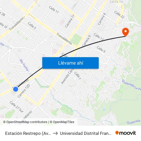 Estación Restrepo (Av. 1 De Mayo - Av. Caracas) (A) to Universidad Distrital Francisco José De Caldas - Sede Vivero map