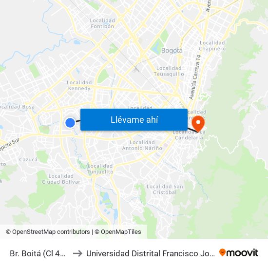 Br. Boitá (Cl 45 Sur - Kr 72v) to Universidad Distrital Francisco José De Caldas - Sede Vivero map