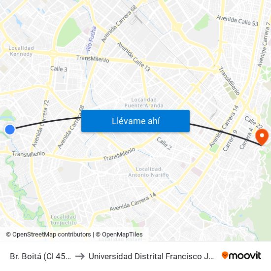 Br. Boitá (Cl 45 Sur - Kr 72m) to Universidad Distrital Francisco José De Caldas - Sede Vivero map