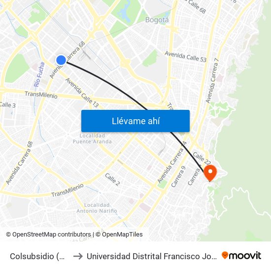 Colsubsidio (Ac 17 - Ak 68) to Universidad Distrital Francisco José De Caldas - Sede Vivero map