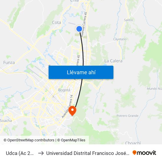 Udca (Ac 222 - Kr 54) to Universidad Distrital Francisco José De Caldas - Sede Vivero map