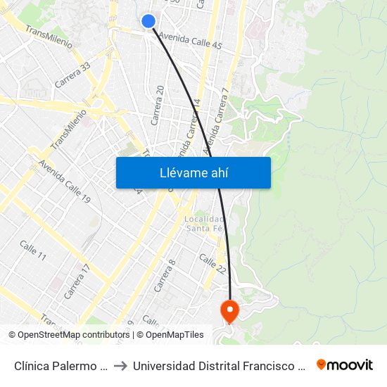 Clínica Palermo (Ak 24 - Cl 45b) to Universidad Distrital Francisco José De Caldas - Sede Vivero map