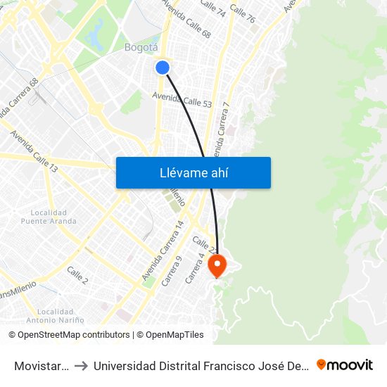 Movistar Arena to Universidad Distrital Francisco José De Caldas - Sede Vivero map