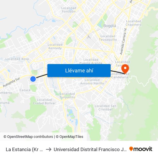 La Estancia (Kr 75 - Cl 59a Sur) to Universidad Distrital Francisco José De Caldas - Sede Vivero map