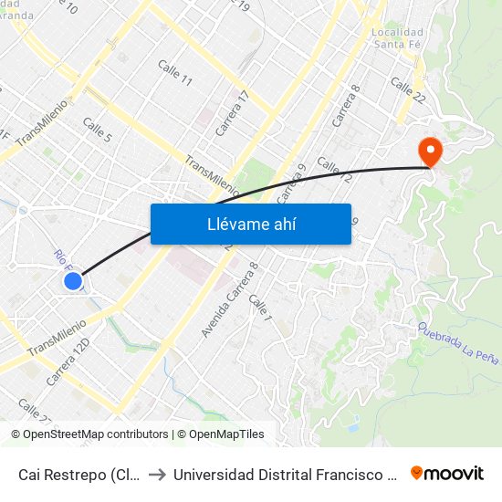 Cai Restrepo (Cl 13 Sur - Kr 18a) to Universidad Distrital Francisco José De Caldas - Sede Vivero map