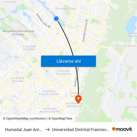 Humedal Juan Amarillo (Ak 91 - Cl 96a) to Universidad Distrital Francisco José De Caldas - Sede Vivero map