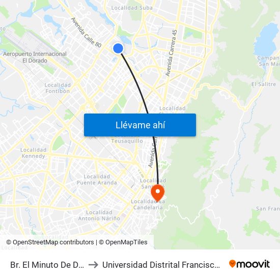 Br. El Minuto De Dios (Tv 76 - Dg 81i) to Universidad Distrital Francisco José De Caldas - Sede Vivero map